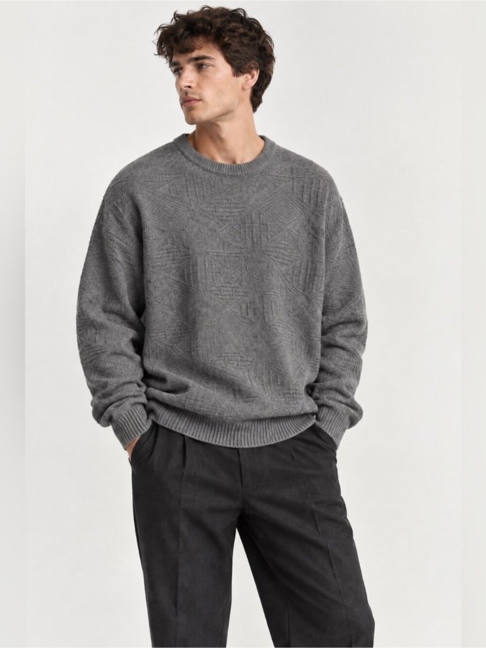 Timberbay Gray Textured Knit Crewneck Sweater – Approx. XL
